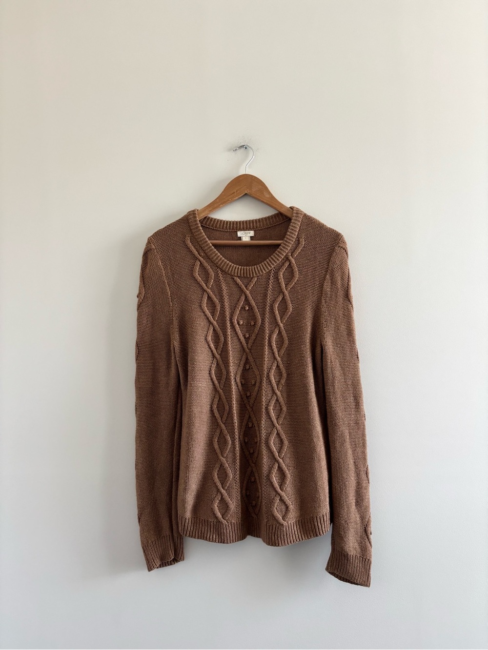 J.Crew Cable Knit Sweater Camel Cotton Long Sleeve Womens L Preppy Fisherman